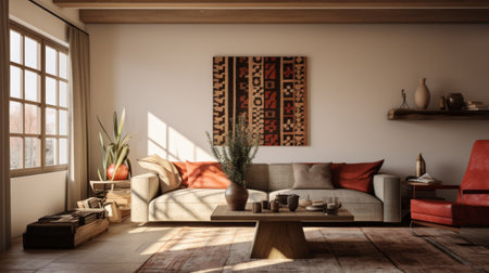 a living room featuring a white couch, dark hardwood floor, and a grey rug. the room is designed in the traditional arts style of africa, oceania, and the americas, with elements of hopi art. the 8k resolution image showcases subtle surface decoration, contrasting shadows, and a color palette of light crimson, light brown, light orange, and grey. ai generatedの素材