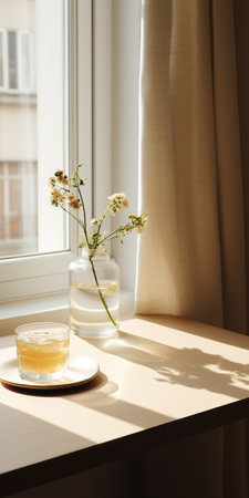 a white plate adorned with delicate flowers sits gracefully next to a sunlit window, exuding a serene ambiance. the photo captures the essence of everyday life, with its japanese-inspired aesthetic of light amber and beige tones. the use of vray tracing adds a touch of realism, while the sparkling water reflections create a captivating visual effect. shot with a tokina at-x 11-16mm f/2.8 pro dxの素材