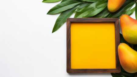 mangoes and a mango leaf are placed next to a wooden frame, showcasing a color field minimalism style. this nature-inspired installation features vibrant yellow hues, reflecting an innovative page design. the polished craftsmanship highlights the frequent use of yellow, while promoting environmental awareness. ai generatedの素材