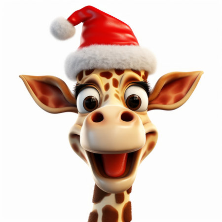 a fake cartoon giraffe wearing a santa hat is depicted in this hyper-detailed rendering. the giraffe's caricature face adds a playful and ironic touch to the image, while its lively facial expressions bring it to life. created using daz3d software, this matte photo showcases a psychedelic surrealism aesthetic. ai generatedの素材