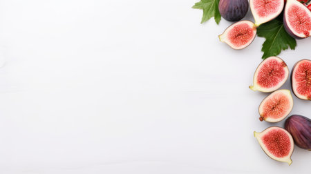 grouping of ripe figs, fig leaves, and leaves on a white background. this minimalistic composition features a dark white and light violet color scheme, with frequent use of diagonals. the selective focus adds depth to the image, while the style pays homage to edward poynter's whimsical minimalism. ai generatedの素材