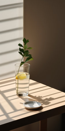 a piece of orange floats gracefully in a glass of water, showcasing minimalist simplicity. the naturalistic shadows create a captivating play of light, with hues of light yellow and light indigo. captured with the tokina at-x 11-16mm f/2.8 pro dx ii lens, the image features a harmonious blend of light gray and green tones. this photograph beautifully depicts an everyday moment, embodying the essence ofの素材