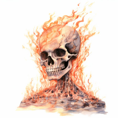 a colorful graphic of a burning skull, resembling a realistic watercolor painting, showcases detailed character illustrations in the style of edward poynter. the image features slender, raw, and confrontational human figures, all hand-drawn with meticulous attention to detail. ai generatedの素材