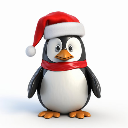 a cute little penguin, adorned with a festive christmas scarf and hat, is captured in this vray tracing style photograph. the penguin stands against a white background, showcasing its shiny and glossy black-and-white feathers. the smooth and shiny texture of the penguin's imitated material adds to its charm. ai generatedの素材