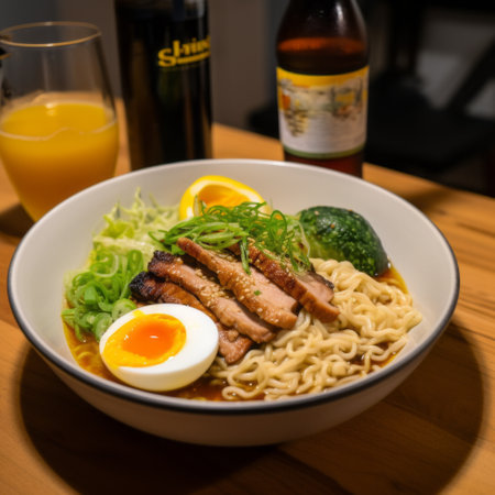 a vibrant and visually striking photo of a ramen bowl filled with an egg, fried batter, vegetables, and a refreshing beer. the dark orange and light indigo color scheme adds a glossy finish, creating a dynamic and action-packed composition. this babycore-inspired image is infused with social commentary and the artistic style of nd stevenson, resulting in a multi-layered visual experience. ai generatedの素材