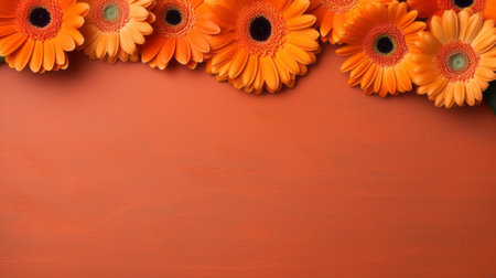 daisies on an orange background, vibrant color-blocking style, dark orange, soft variations of color, close up, monochromatic color scheme, cheerful colors, traditional mexican style, wooden board. ai generatedの素材