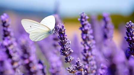 a white butterfly perches gracefully on vibrant purple flowers, creating a stunning contrast in this photograph. the flowers are in shades of light purple, light beige, light yellow, and light violet, resembling saturated color fields. the image is captured using back button focus, highlighting the butterfly and flowers in sharp detail. the composition also showcases a sense of depth with long and deep distances. theの素材