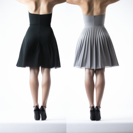 a woman wearing a white dress with a black skirt and heels is captured from behind. the photo showcases a contrast between dark gray and light gray tones, with a mix of raw and finished elements. the image is colorized, giving it a snailcore vibe, while also featuring black and white grayscale in high definition. ai generatedの素材