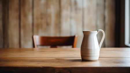 white vase on table with wood backdrop, captured with nikon d750. the photo showcases earthy tones and lively tavern scenes. the angular simplicity is enhanced by the panasonic lumix s pro 50mm f1.4 lens. the light orange and beige hues make this photo eye-catching. ai generatedの素材