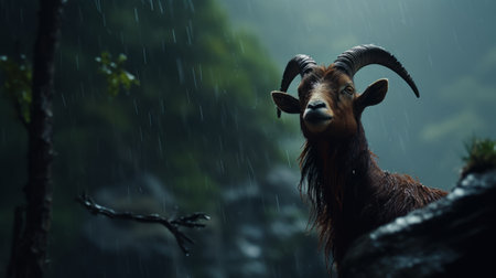 herding goat in the rain, a captivating hd wallpaper rendered in the style of unreal engine by olivier valsecchi. this stunning image showcases the beauty of nature with its 8k resolution and the unique perspective captured through a 35mm lens. the scene evokes a sense of tranquility, while the presence of the goat adds a touch of liveliness. ai generatedの素材