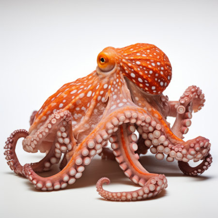 a photo of a 3d octopus on a white background, resembling a photo-realistic still life. the octopus is intricately detailed, with shades of light orange and light maroon. this national geographic photo showcases the precisionism influence, capturing the fantastical and otherworldly nature of these creatures. the image evokes a sense of coralpunk aesthetics. ai generatedの素材