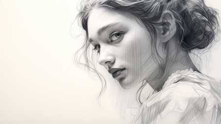 a hyperrealistic fantasy drawing of a female head and body, featuring delicately detailed hair and face. this sketch showcases the artist's skill in creating realistic hyper-detail, reminiscent of caravaggio's style. the white and gray tones add to the atmospheric and detailed nature of the portrait, creating a hyper-realistic water effect. enjoy this free sketch!, ai generatedの素材