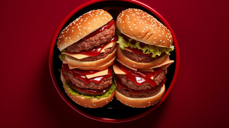 burgers on a red plate with pickles and cheese, showcasing layered illusions and uncanny juxtapositions. this close-up, photorealistic portrait captures the intensity of the scene, reminiscent of hiroshi nagai's style. shot on 70mm, this associated press photo is a visual feast for burger enthusiasts. ai generatedの素材