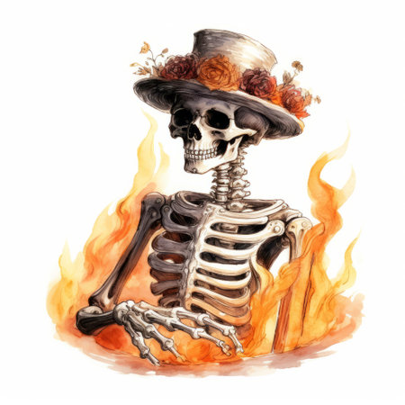 a detailed and accurate watercolor illustration of a skeleton wearing a hat. the drawing showcases a satirical and imaginative character with a burnt and charred appearance. the orange and brown tones add depth and realism to the highly realistic depiction. ai generatedの素材
