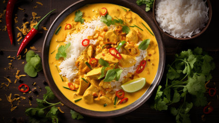 chicken curry with rice and citrus sauce, a flavorful indian stew with rice and a hint of chillies. this villagecore-inspired dish showcases precise craftsmanship and is served in an installation-based setting. the photo captures the vibrant colors of the dish, with light yellow and light beige tones. the high-quality image is enhanced by the use of rtx technology and 8k resolution. prepared with care andの素材