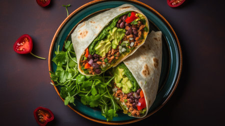 a vibrant and high-energy image capturing a dark brown and emerald wrapped burrito filled with rice, beans, and avocado. this 8k resolution photo showcases the colorful and enticing presentation of this delicious mexican dish. perfect for satisfying your cravings and adding a burst of flavor to your day. ai generatedの素材