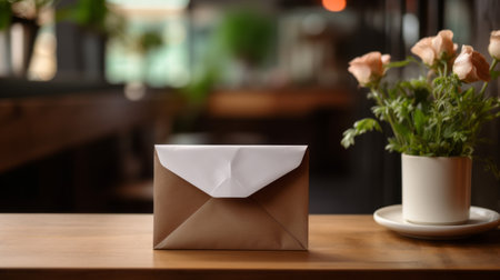 a blank envelope, in the style of dark brown and light brown, sits on a table next to flowers. the distinctive character design, faceted shapes, and blurred forms create an intriguing composition. inspired by edogawa ranpo, this photo exudes an elegantly formal atmosphere with an emphasis on emotion. ai generatedの素材