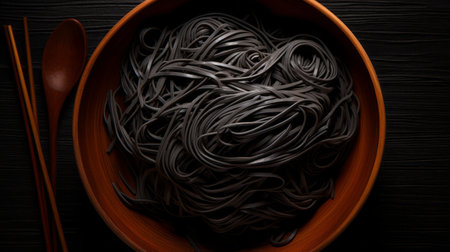 black spaghetti and spoon are showcased in a top view on a wooden dish against a dark background. the composition is reminiscent of the style of daniel arsham, featuring tangled forms and a realistic hyper-detailed rendering. the dish reflects traditional japanese influences with its dark brown color and is highlighted by a rim light. ai generatedの素材