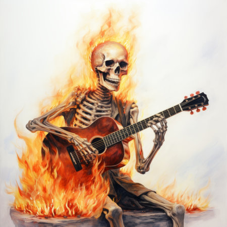 a fire-made skeleton holds an acoustic giclee in this iconic pop culture caricature. the realistic yet stylized style, reminiscent of classic rock, is captured in this solarizing master photograph. the painted realism showcases a blend of light cyan and dark amber tones, creating a visually striking image. ai generatedの素材