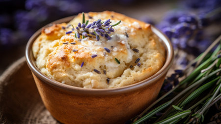 a square of bread, inspired by the san francisco renaissance, is beautifully captured in this ultra-high-definition image. the bread is delicately adorned with lavender, creating a lush and detailed composition. the selective focus highlights the intricate details, while the influence of charles spencelayh's porcelain art adds a touch of elegance to this melting pot of artistic styles. ai generatedの素材