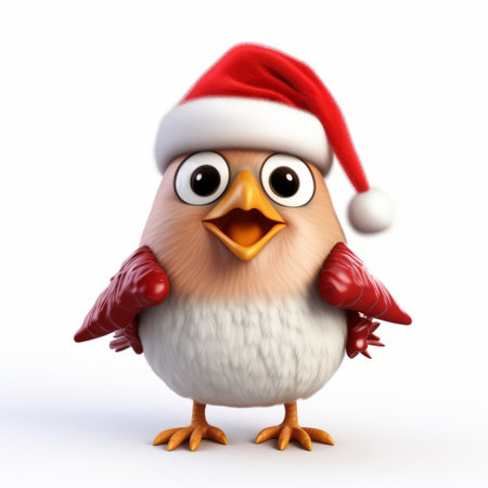 a small bird wearing a santa hat is depicted in this high-resolution photo. the bird, portrayed in the style of vray tracing, showcases witty and clever cartoons. the captivating image offers a birds-eye-view of the charming character, making it a creative commons attribution piece. ai generatedの素材