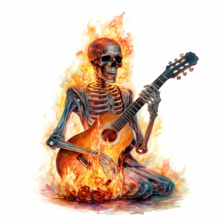 a skeleton playing a guitar engulfed in flames is depicted in this digital art piece. the use of aquamarine and amber colors adds a vibrant touch to the classical figurative realism style. the intense emotional expression of the skeleton is evident, with sparse details and a tattoo adding to its character. created by samuel smith, this artwork is a captivating blend of creativity and symbolism.の素材