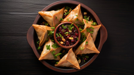 phyllo bread balls with pomegranate sauces are elegantly presented in a dish, showcasing a captivating blend of dark maroon and turquoise colors. this visually stunning image, captured in 32k uhd resolution, features traditional poses and incorporates geometric shapes, folded planes, samikshavad, and angular shapes, creating a visually dynamic composition. ai generatedの素材
