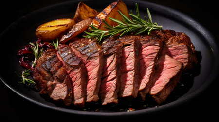 a deliciously cooked steak is beautifully presented on a black plate, accompanied by perfectly roasted potatoes and juicy tomatoes. the image, captured with the bold lines and vibrant colors of the tokina at-x 11-16mm f/2.8 pro dx ii lens, showcases the exquisite craftsmanship of the dish. the brown and amber tones add a touch of warmth, while the rtx on enhances the stripes and shapes,の素材