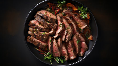 a plate of steak and vegetables is beautifully presented on a dark background, reminiscent of the artistic style of rob hefferan. the composition showcases striking symmetrical patterns, with a captivating combination of dark silver and orange hues. this national geographic photo, captured by luke fildes and edited by bess hamiti, is a stunning visual masterpiece in ultra-high definition (32k uhd). ai generatedの素材