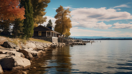 a picturesque house perched on a rocky outcrop, overlooking a serene lake. this stunning image, edited with navy and amber tones using darktable processing, captures the essence of cabincore and romanticized country life. the vignetting effect adds a touch of nostalgia to this 8k resolution photograph, showcasing the breathtaking beauty of nature. ai generatedの素材