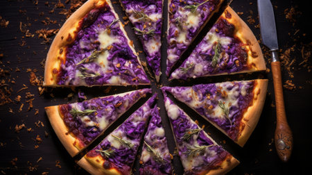 thinly sliced pizza with purple cabbage toppings is showcased in a captivating top view. the image, captured with a zeiss ikon zm camera, features a knife and fork on a dark background. the kaleidoscope effects add a unique touch to this 32k uhd photograph, which was expertly composed through tabletop photography and enhanced with post-processing techniques. ai generatedの素材