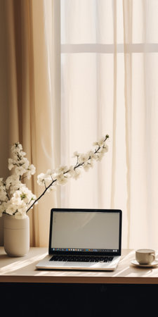 a laptop sits on a table alongside a flowerpot, surrounded by cherry blossom-inspired decor. the scene features light beige tones, flowing draperies, and a clever use of negative space. captured in 32k uhd resolution, the image showcases both long and deep distances, with subtle chromatism adding to its overall aesthetic. ai generatedの素材