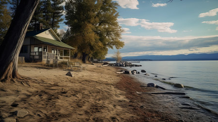 a serene lake shore cabin scene featuring a beach house by mejori. this captivating image, captured in the style of the carl zeiss distagon t 15mm f28 ze lens, showcases the beauty of nature. created using unreal engine and rendered in 32k uhd resolution, the photo exudes a tranquil ambiance with its muted earth tones. the artistic influences of fairfield porter and grant wood areの素材