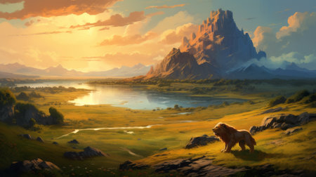 a stunning landscape art wallpaper featuring a fantasy mountain scene in the style of animal depiction. this high-definition image showcases a beautiful blend of light amber and cyan tones, created with smooth brushstrokes. created by ivanovich pimenov, this artwork captures a golden light reminiscent of briton rivire's style. enjoy this mesmerizing 8k resolution masterpiece. ai generatedの素材