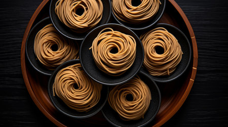 chocolates and noodles with cream topping are beautifully arranged on a dark wooden plate, creating an exquisite ming dynasty-inspired composition. the aerial abstractions and spiral groupings add a captivating visual element. through the technique of focus stacking, the intricate details of the terracotta-colored chocolates and monochromatic shadows are highlighted. the layered fibers in the background add depth and texture to this stunning photograph. ai generatedの素材