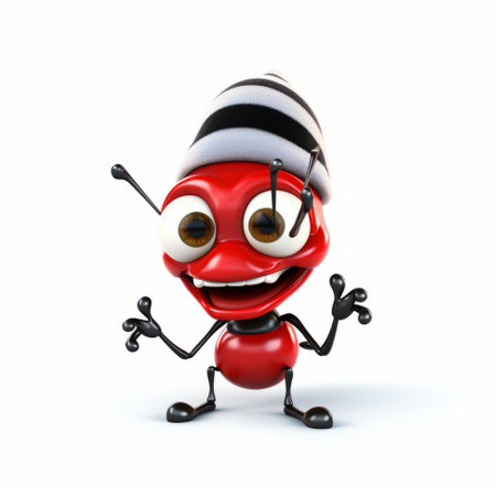 a cartoon ant with raised arms is depicted on a white background. the ant is portrayed in a charming and caricatured style, with striped red markings. the image incorporates fisheye effects and photobashing techniques, reminiscent of the artistic style of les nabis. ai generatedの素材