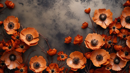 large orange flowers stand out against a dark background, reminiscent of post-apocalyptic backdrops. the delicate materials and vintage elegance of the flowers create a sculpted, neo-concrete art aesthetic. this captivating tabletop photography showcases the artist's skillful use of vintage imagery, adding a nostalgic touch to the composition. ai generatedの素材