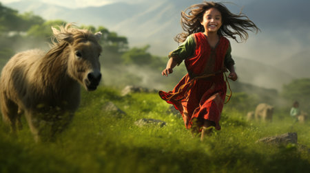 a child running on a green field, surrounded by fantastical creatures, embodies the vibrant essence of indian pop culture. this uhd image captures the artistic style reminiscent of tom chambers' work, blending elements of himalayan art and charming character illustrations. the scene evokes a sense of wonder and is reminiscent of realistic equine paintings. ai generatedの素材