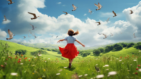 a female woman walks on a green meadow with birds flying up in the sky. the scene captures a child-like innocence with its photorealistic renderings. the light red and white colors add to the beauty of this vivid landscape. ai generatedの素材