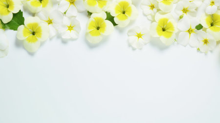 small yellow flowers on a white background stock photo, featuring the style of japanese minimalism. the soft, blended colors create a high-quality image. the minimalist staging includes valentine penrose, white, and light green elements. ai generatedの素材