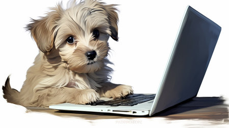 a cute little dog is captured in this digital art photograph, sitting at a laptop. the image showcases the use of ferrania p30 film and the popular barbiecore aesthetic. found on flickr, the photo exhibits ultra-realistic details with lively brushwork, all shot at iso 200. ai generatedの素材