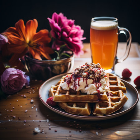 a plate of waffles topped with whipped cream and accompanied by a cup of coffee. the waffles are beautifully presented with a dark pink and light amber color scheme. this high-resolution image, captured with a sigma 85mm f1.4 dg hsm art lens, showcases the artistic style of adonna khare, known for her nature-inspired creations. the lively tavern scenes by hyman bloom add a touch ofの素材