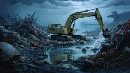 an excavator stands beside a water source, creating a surrealistic scene reminiscent of horror paintings. this evocative environmental portrait combines elements of colorful moebius art, oshare kei fashion, and american tonalist style. this commissioned artwork captures the essence of an apocalyptic world, showcasing the artist's unique vision. ai generatedの素材