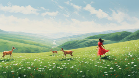 young woman in a red dress captivated by her deer amidst a dreamlike, gongbi-style illustration of realistic landscapes. the soft edges and brushstroke fields enhance the beauty of the mountainous vistas. this stunning artwork, with dimensions of 3840x2160, is truly a sight to behold. ai generatedの素材