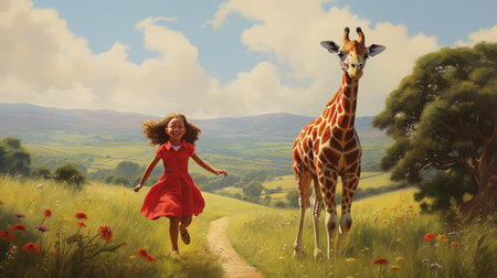 a girl wearing a vibrant red dress walks gracefully beside a majestic giraffe. this enchanting scene captures the essence of realistic landscape paintings and storybook illustrations. the combination of zbrush techniques and childhood arcadias creates a whimsical atmosphere reminiscent of disney animation. the spirited portrait showcases the influence of young british artists (ybas). ai generatedの素材