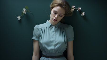 a young woman in a blue jacket leans against a green wall, capturing the dreamy romanticism style. the photograph, taken with the tokina opera 50mm f14 ff lens, showcases a monochromatic color scheme of dark aquamarine and gray. the exquisite clothing detail and soft, dreamy pastels create a captivating image, enhanced by the presence of floral motifs. ai generatedの素材