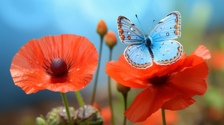 blue butterfly perched delicately on a vibrant flower, showcasing a captivating blend of red and orange hues. the image evokes poignant symbolism and tells a narrative-driven story through its hyperrealistic depiction. with mesmerizing colorscapes and an 8k resolution, this photograph captures the essence of post-world war i european classicism, reminiscent of the beauty found in marine life. ai generatedの素材