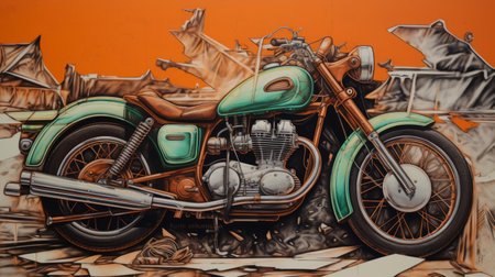 a hyperrealistic mural illustration of a motorcycle is depicted on an orange wall, surrounded by broken furniture. the artwork showcases a close-up view with intense colors of light emerald and brown. this monumental ink painting, created in the style of wildlife muralism, is rendered in 8k resolution and made using rubber materials. ai generatedの素材