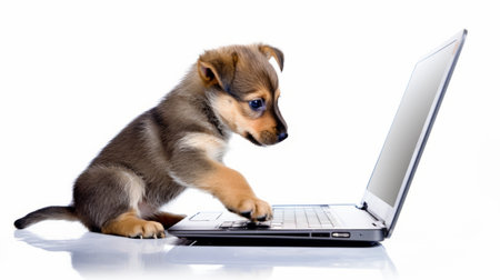 a playful large puppy is captured in this contact printing style photograph, showcasing sharp perspective angles and informalism. the adorable canine is seen engaging with a laptop, exuding fawncore vibes with its light brown and silver fur. the image is enhanced by the use of back button focus and pops of bright colors. ai generatedの素材