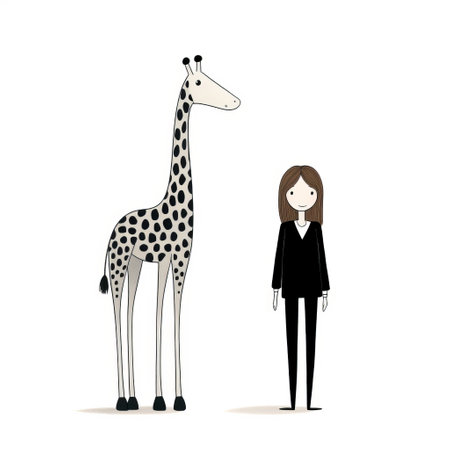 a person standing next to a giraffe, resembling a minimalist illustration with a touch of humor. the caricature is created by talented women designers, featuring light beige and black colors. the dotted, forced perspective drawings showcase their sensitivity to the natural world. ai generatedの素材